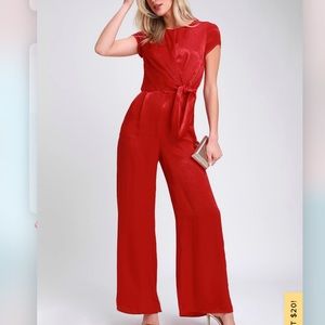 Lulus let me entertain you red satin jumpsuit size small